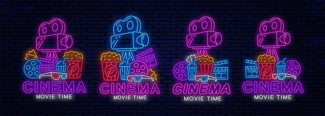 set of cinema neon logos design. movie time. night glowing cinema icons and logos. neon signboards l