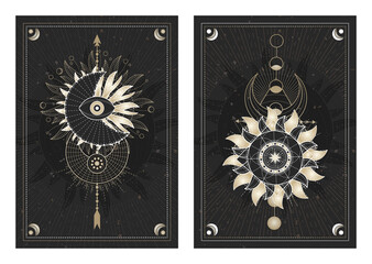 Wall Mural - Vector dark illustrations with sacred geometry symbols, grunge textures and frames.  Images in black, white and gold.
