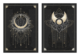Wall Mural - vector dark illustrations with sacred geometry symbols, grunge textures and frames. images in black,