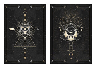 Wall Mural - vector dark illustrations with sacred geometry symbols, grunge textures and frames. images in black,