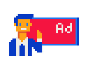 Poster - Businessman, manager makes an announcement near the board, advertising banner, pixel art icon, school board Isolated vector illustration. Design for logo, sticker and app.