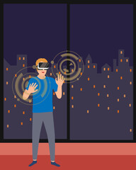 Young man wearing virtual reality glasses in the living room at home. Smiling man using VR goggles headset to move object. Vector illustration design.