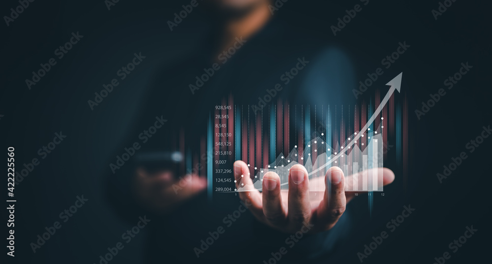 planning and strategy, Stock market, Business growth, progress or success concept. Businessman or trader is showing a growing virtual hologram stock, invest in trading. - obrazy, fototapety, plakaty 