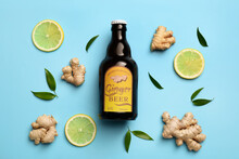 Bottle Of Fresh Ginger Beer On Color Background
