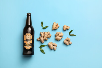 Wall Mural - Bottle of fresh ginger beer on color background