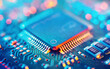 Computer Microchips and Processors on Electronic circuit board. Abstract technology microelectronics concept background. Macro shot, shallow focus.