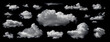 Clouds set isolated on black background. White cloudiness, mist or smog background.