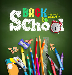 Fototapete - Back to school vector banner background. Back to school text in chalkboard background with elements like coloring pencil and crayons supplies for educational design. Vector illustration
