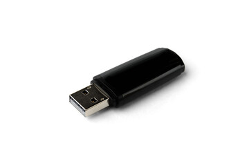 Black USB flash isolated on white background.