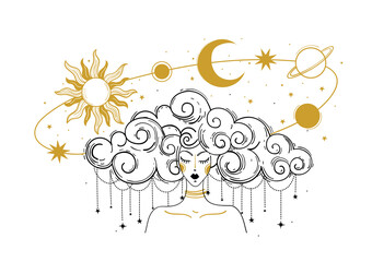 mystical boho illustration. woman with flying planets, sun and moon, concept of astrology, predictio