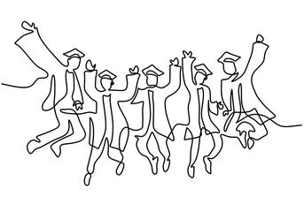 Wall Mural - One line drawing of young happy graduate male and female college student jumping hand drawn continuous line art minimalism style on white background. Celebration concept. Vector sketch illustration