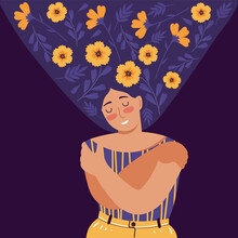 Love Yourself, Care, Acceptance, Mental Health, Happiness, Body Positive, Harmony Creative Concept. Woman With Flowers In Hair Stands Closed Eyes And Hugs Herself. Flat Cartoon Vector Illustrations.