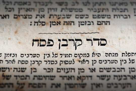 Snippet of Hebrew Bible text. Focus on Seder Korban Pesach that translates in english as Passover sacrifice. Closeup.