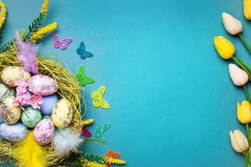 Wall Mural - Congratulatory easter background. Background with copy space. Selective focus. Horizontal.