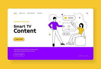 Poster - Smart tv content landing page banner template. Vector illustration of linear man and woman watch video content on smart tv set while spending time together