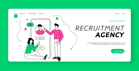 Poster - recruitment agency banner template. vector illustration of linear man and woman using app on smartph