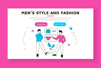 Poster - Mens style and fashion banner template. Vector illustration of linear male friends selecting and buying trendy clothes online together on website of modern store in internet