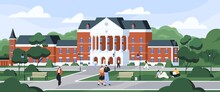 Students Walking And Sitting On Grass At University Campus. Exterior Of College Building Among Trees. Schoolhouse With Columns. Colored Flat Vector Illustration Of Education Institution