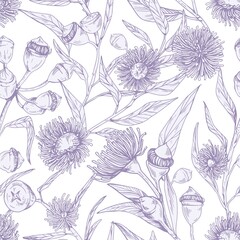 Poster - Seamless floral pattern with blossomed flowers of eucalyptus on white background. Endless botanical texture for printing. Hand-drawn vector illustration of backdrop in vintage style