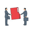 Giving a document. Two businessmen at a meeting transfer a folder with documents from hand to hand. Vector illustration flat sketch design style. Isolated on white background.