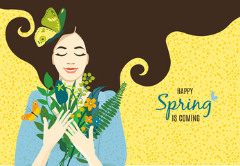 Cute card Happy Spring is coming, portrait of a beautiful girl with a bouquet of spring and summer flowers, leaves, butterflies. For women's day, cover, poster, wedding. Vector illustration.