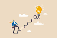Creativity For Business Idea, Thinking And Brainstorm For New Idea Or Opportunity, Career Path Or Goal Achievement, Businessman Start Walking On Electricity Line As Stairway To Big Idea Lightbulb.