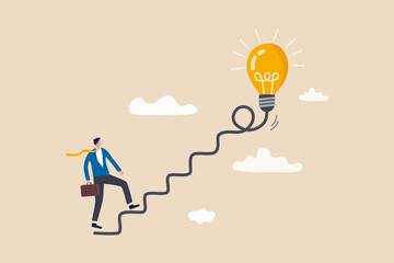 Wall Mural - Creativity for business idea, thinking and brainstorm for new idea or opportunity, career path or goal achievement, businessman start walking on electricity line as stairway to big idea lightbulb.