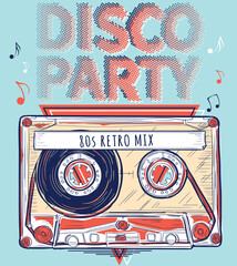 Poster - Disco party - musical poster with funky drawn audio cassette