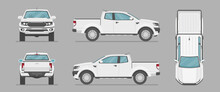 Car In Different View. Front, Back, Top And Side Car Projection. Flat Illustration For Designing. Vector Pickup Truck.