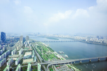 View of the Han River in Seoul, Korea from the top of a tall building 높은 건물위에서 보는 한국 서울의 한강 풍경