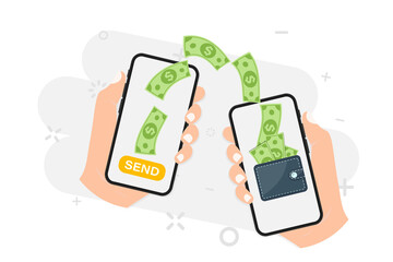 Poster - Money transfer. Online payment. Send and receive money wireless with their phone. Phone with banking payment app. Capital flow, earning. Financial savings or economy. Money online on mobile phone