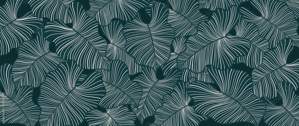 Tropical leaf Wallpaper, Luxury nature leaves pattern design, Golden banana leaf line arts, Hand drawn outline design for fabric , print, cover, banner and invitation, Vector illustration. - obrazy, fototapety, plakaty 