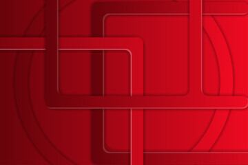 Poster - Dark red abstract background with circle and rectangle pathway shapes with shadow in boundaries. Red gradient geometric shapes on a wallpaper.
