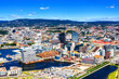 Oslo, Norway. Aerial view of Sentrum area of Oslo, Norway, with Barcode buildings and the river Akerselva. Construction site with blue sky during a sunny summer day
