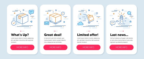 Poster - Set of Industrial icons, such as Parcel, Push cart, Delivery box symbols. Lighthouse line icons. Vector