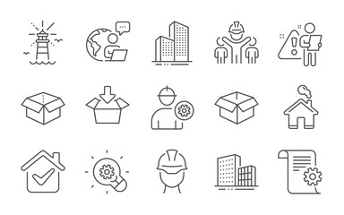 Poster - Engineer, Skyscraper buildings and Technical documentation icons set. Lighthouse, Foreman and Home signs. Vector