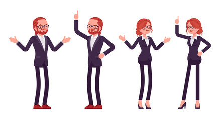 Wall Mural - Businessman, businesswoman, teacher red haired office worker. Bossy manager, administrative person, corporate employee dress code. Vector flat style cartoon illustration isolated on white background