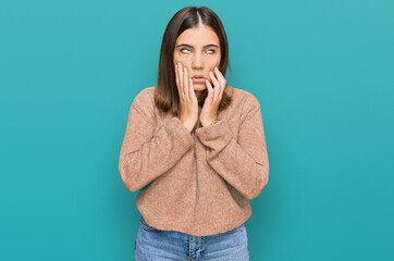 Sticker - Young beautiful woman wearing casual clothes tired hands covering face, depression and sadness, upset and irritated for problem