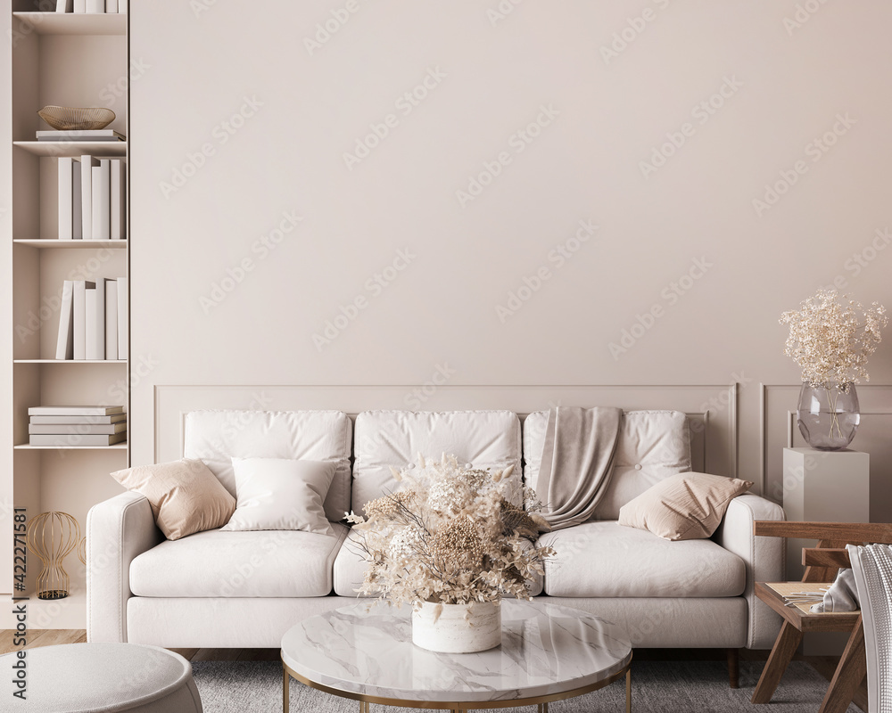 White sofa in living room interior mockup, natural wooden furniture and trendy home accessories on bright beige background, 3d render - obrazy, fototapety, plakaty 