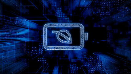 Environmental Energy Technology Concept with Eco battery symbol against a Futuristic, Blue Digital Grid background. Network Tech Wallpaper. 3D Render 