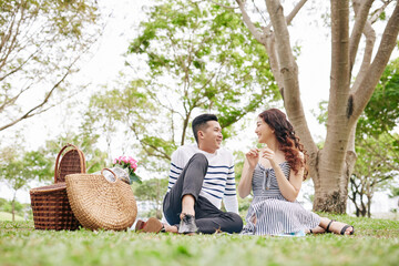 Poster - Cheerful young Asian couple in love resting on blanket in park and talking