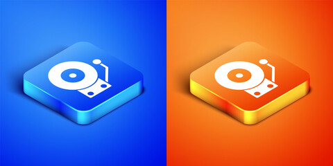 Sticker - Isometric Ringing alarm bell icon isolated on blue and orange background. Fire alarm system. Service bell, handbell sign, notification symbol. Square button. Vector