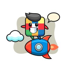 Wall Mural - rubik cube mascot character riding a rocket