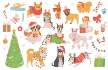 Christmas Dogs Characters Set With Fir Tree, Flat Vector Illustration Isolated.