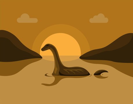 Lochness monster sillhouette in lake, urban legend story scene illustration vector