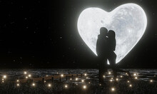Silhouette Lovers Kissing Romanticly. Heart Shape Full Moon And Star Full Of The Sky As The Background. Fireflies Fly Over The Grass And The Water Surface. Romance And Marriage Proposals. 3D Rendering