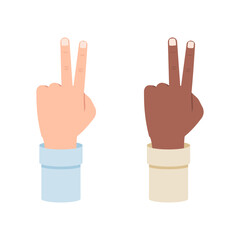 White and black hand shows two fingers, second vector illustration isolated on white background