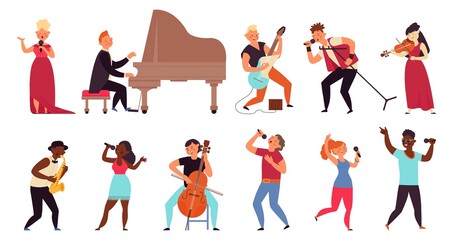 Poster - Musician and singers. People singing, rocker musicians character. Isolated cartoon rap stars, music concert or performance decent vector set