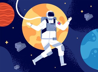 Wall Mural - astronaut in outer space. spacewalk, astronauts fantastic journey. cosmonaut in space suit, colorful