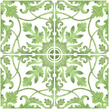 Seamless Pattern With Floral Ornament - Vintage Ceramic Tiles In Azulejo Design With Green Flowers On White Background. Art Nouveau Style. Watercolor Hand Drawn Painting Illustration.